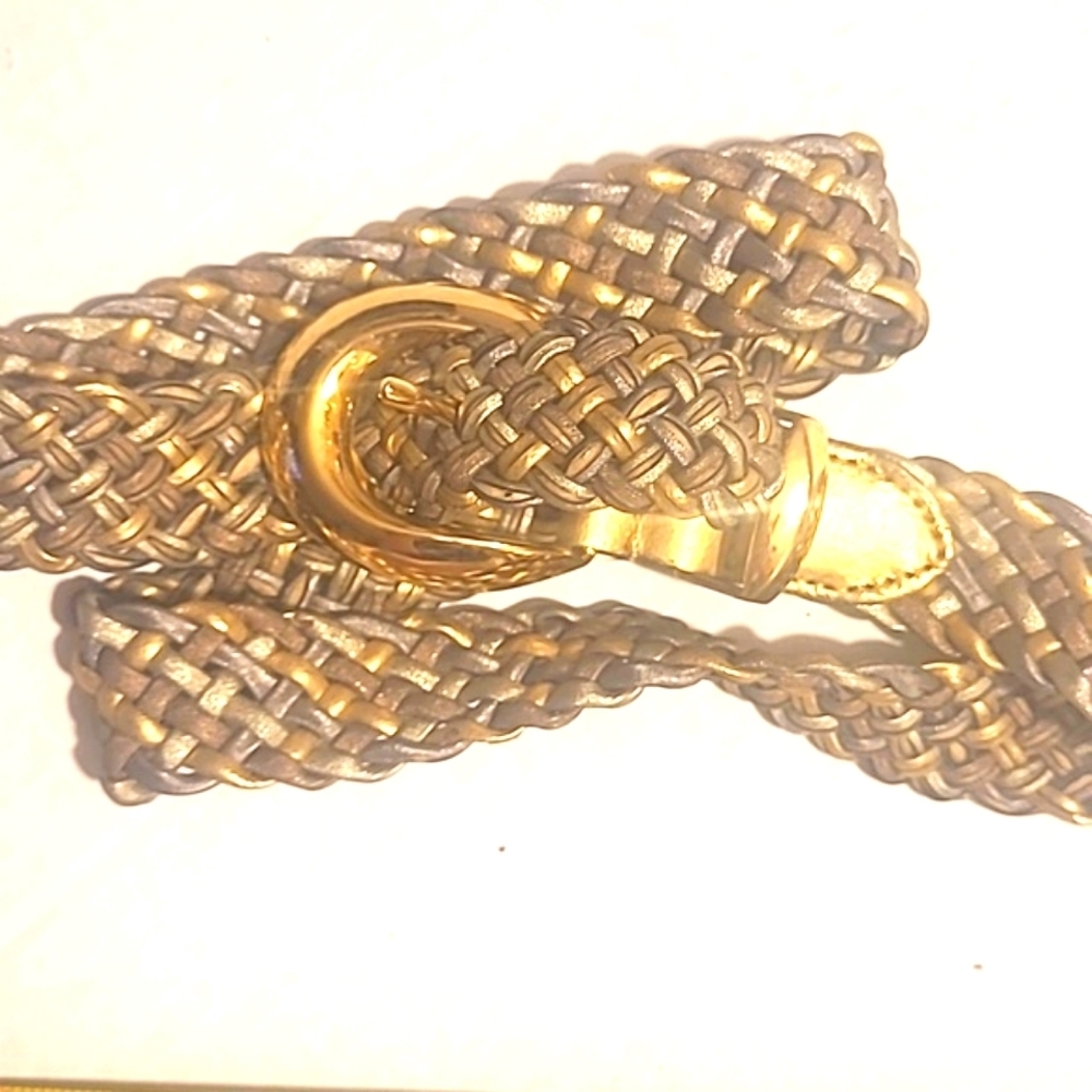Vintage gold silver bronze metalic mesh belt brass buckle leather ends 32.5" adj